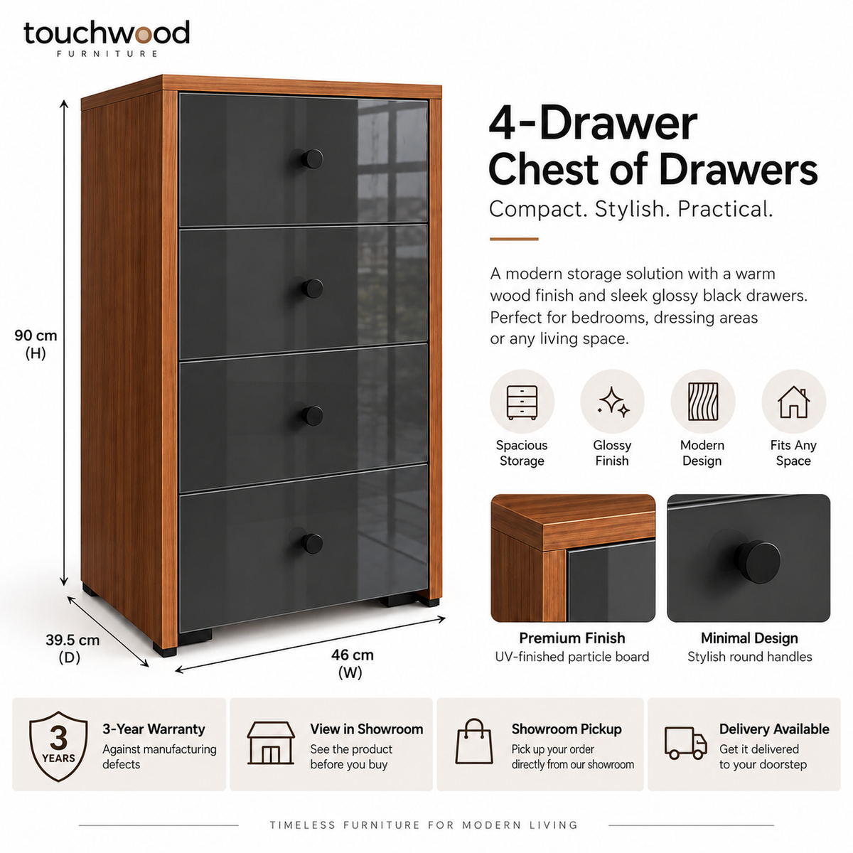 4-Drawer Chest of Drawers – Walnut & Glossy Black