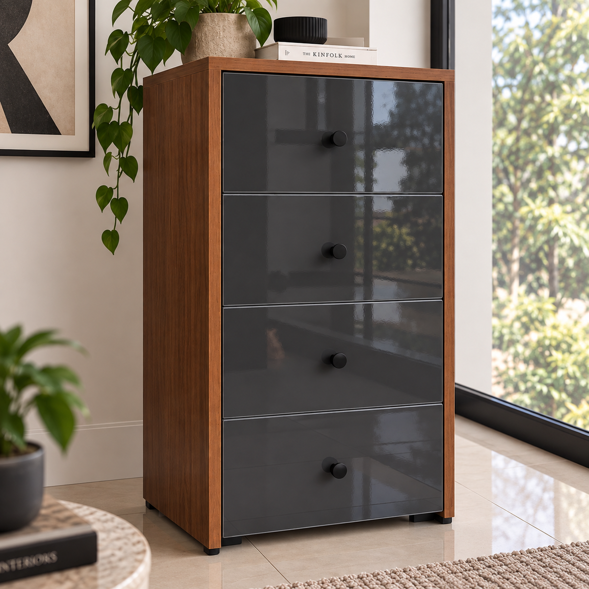 4-Drawer Chest of Drawers – Walnut & Glossy Black