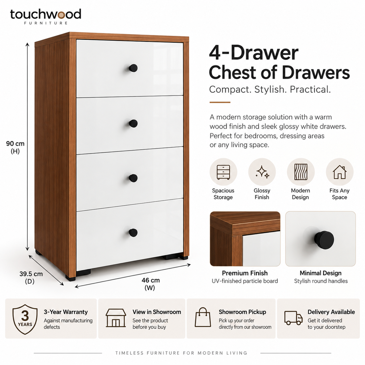 4-Drawer Chest – Glossy White & Walnut