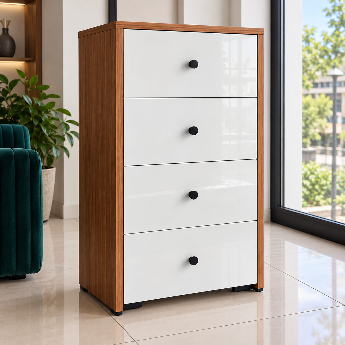 4-Drawer Chest – Glossy White & Walnut